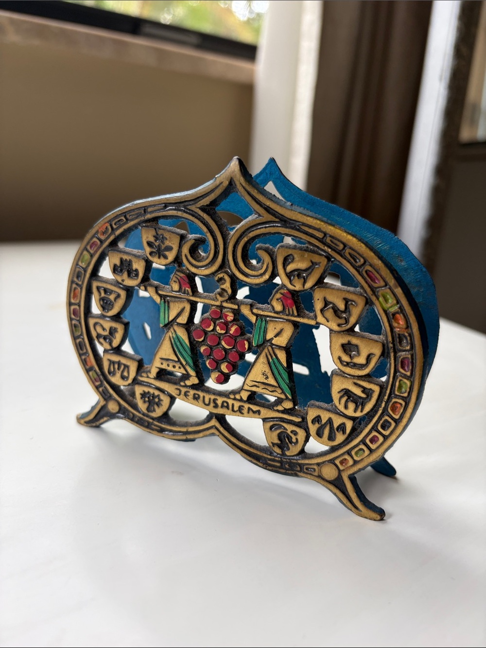 Vintage Jerusalem Blue & Gold Decorative Brass Napkin Holder